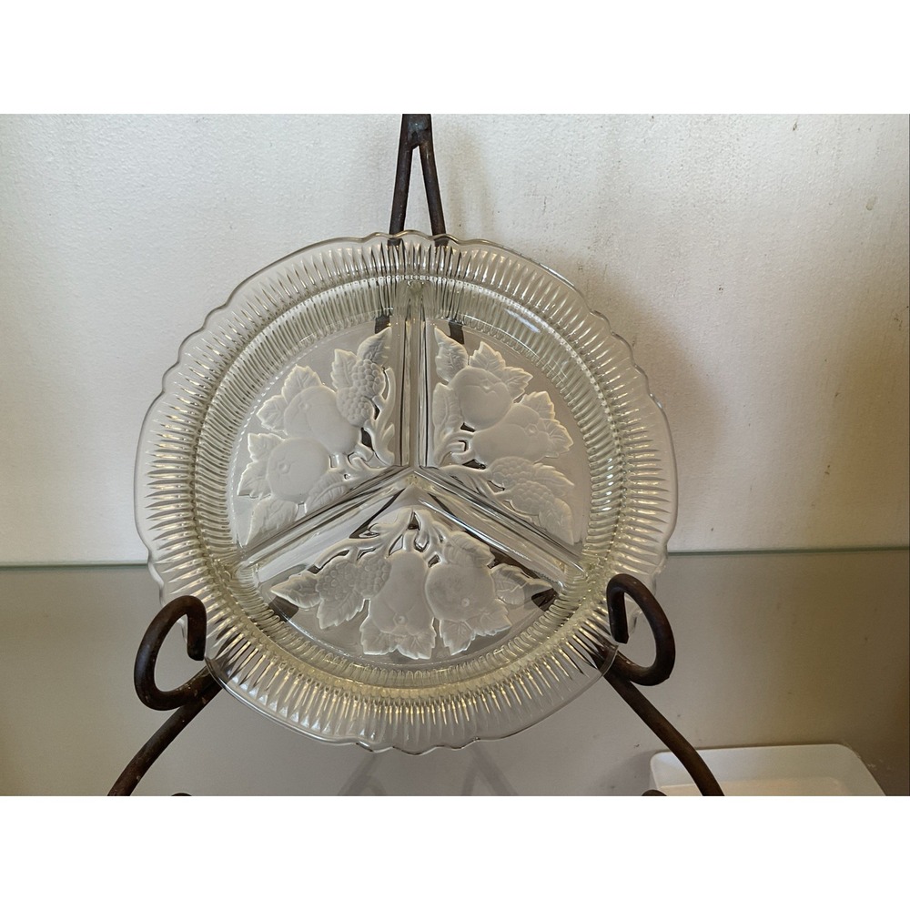 Vintage Imperial Glass Intaglio Fruit Pear 3 Part Divided Appetizer Relish Dish